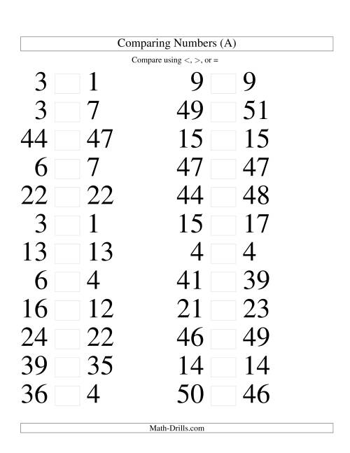 The Comparing Numbers to 50 Tight (Large Print) Math Worksheet