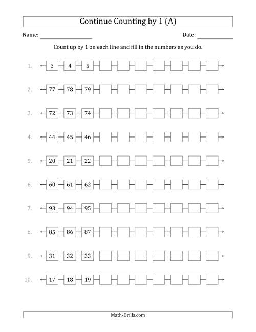 The Continue Counting Up by 1 from Various Starting Numbers (A) Math Worksheet