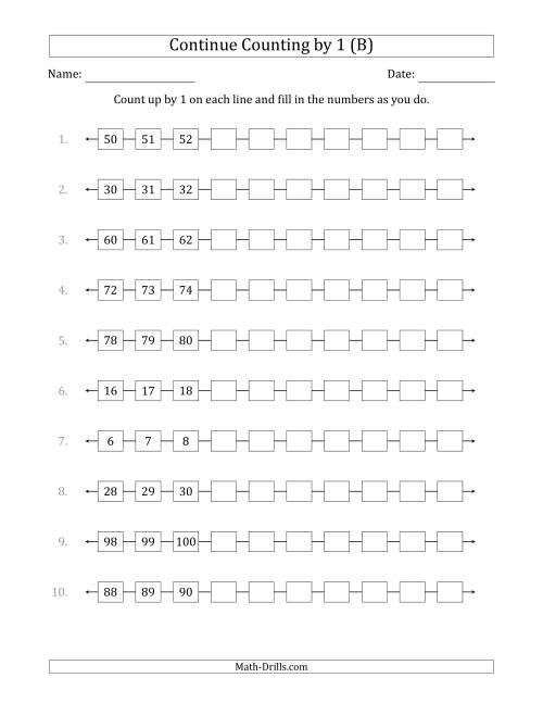 The Continue Counting Up by 1 from Various Starting Numbers (B) Math Worksheet