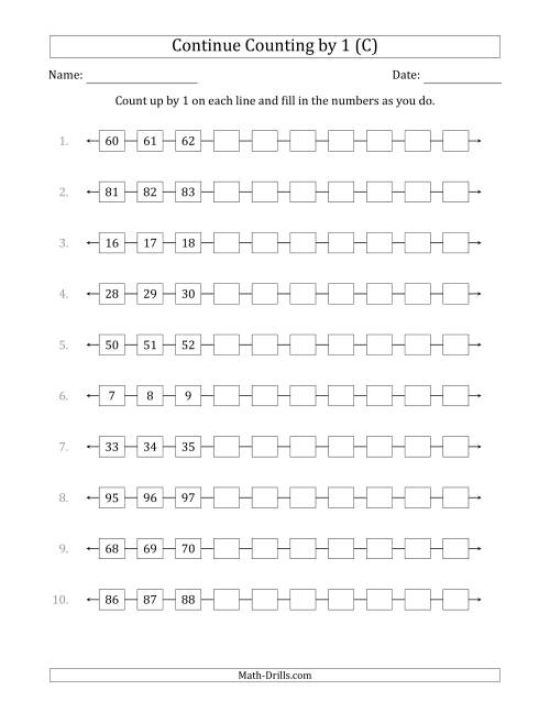 The Continue Counting Up by 1 from Various Starting Numbers (C) Math Worksheet