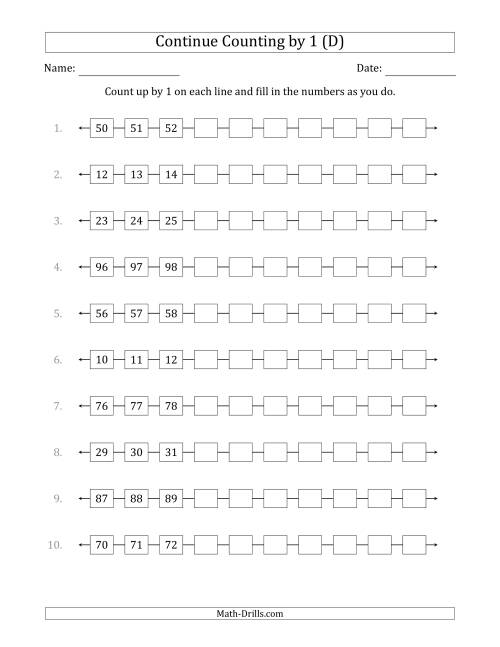 The Continue Counting Up by 1 from Various Starting Numbers (D) Math Worksheet
