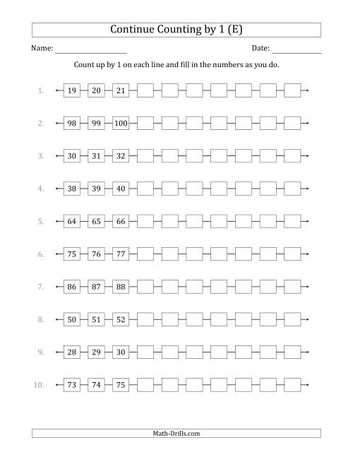 The Continue Counting Up by 1 from Various Starting Numbers (E) Math Worksheet