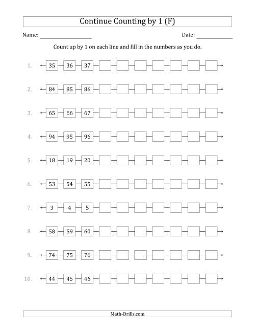 The Continue Counting Up by 1 from Various Starting Numbers (F) Math Worksheet