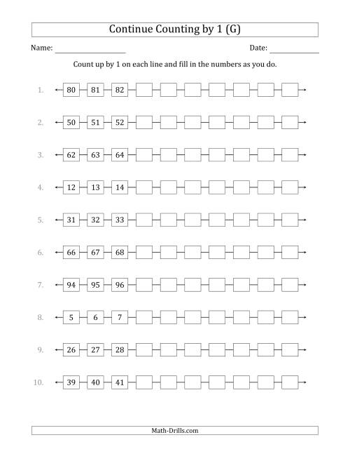 The Continue Counting Up by 1 from Various Starting Numbers (G) Math Worksheet