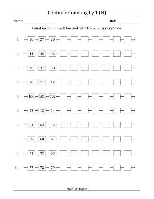 The Continue Counting Up by 1 from Various Starting Numbers (H) Math Worksheet
