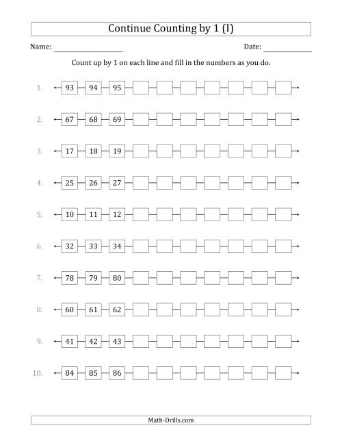 The Continue Counting Up by 1 from Various Starting Numbers (I) Math Worksheet