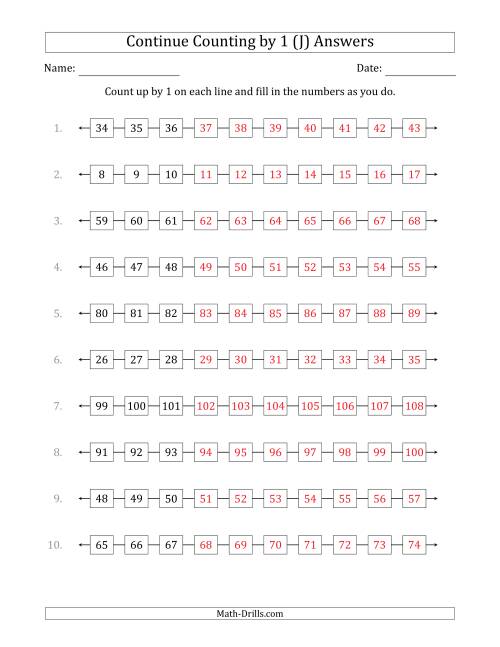 The Continue Counting Up by 1 from Various Starting Numbers (J) Math Worksheet Page 2