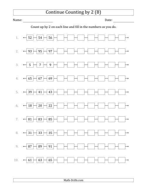 The Continue Counting Up by 2 from Various Starting Numbers (B) Math Worksheet