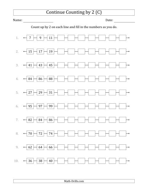 The Continue Counting Up by 2 from Various Starting Numbers (C) Math Worksheet
