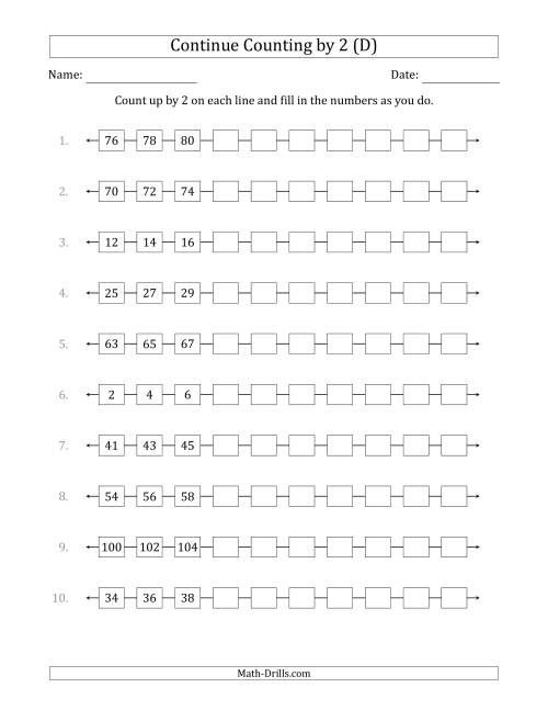 The Continue Counting Up by 2 from Various Starting Numbers (D) Math Worksheet