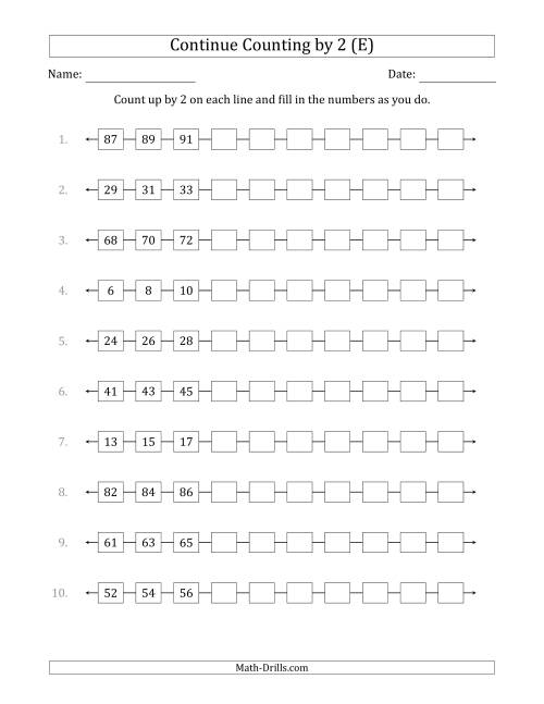 The Continue Counting Up by 2 from Various Starting Numbers (E) Math Worksheet