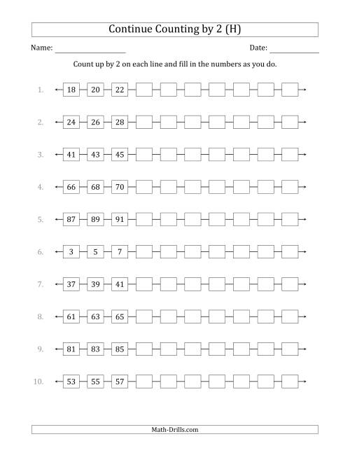 The Continue Counting Up by 2 from Various Starting Numbers (H) Math Worksheet