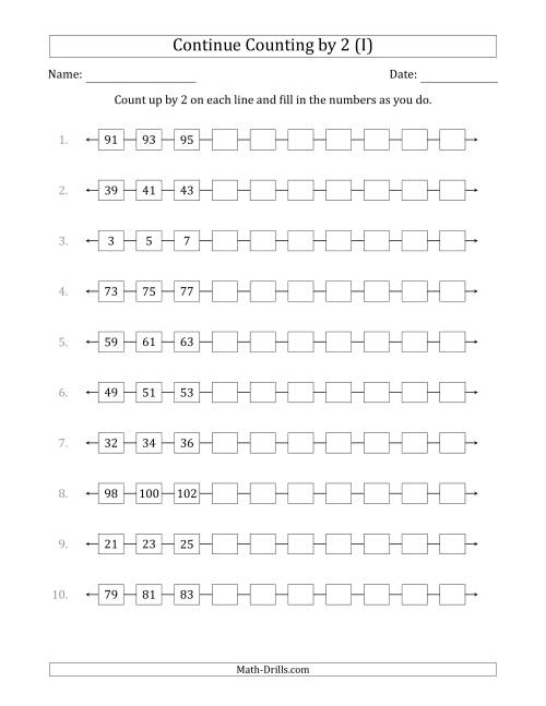 The Continue Counting Up by 2 from Various Starting Numbers (I) Math Worksheet