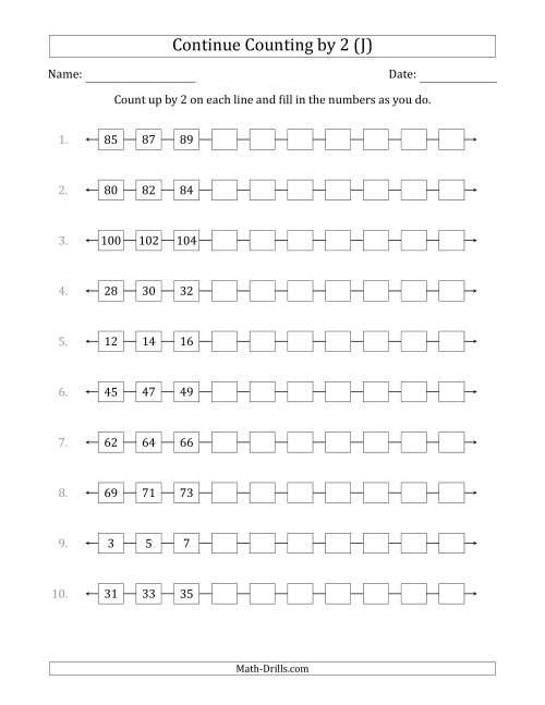 The Continue Counting Up by 2 from Various Starting Numbers (J) Math Worksheet