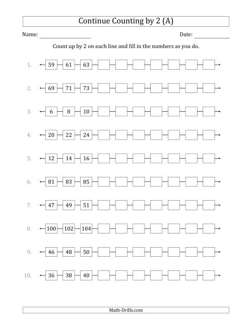 The Continue Counting Up by 2 from Various Starting Numbers (All) Math Worksheet