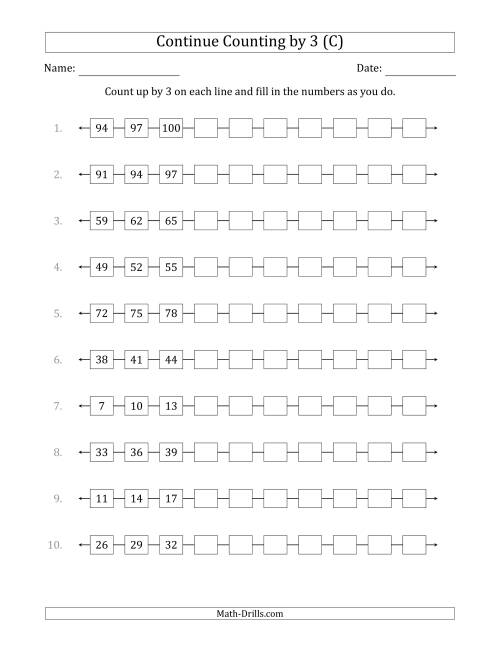 The Continue Counting Up by 3 from Various Starting Numbers (C) Math Worksheet