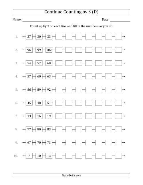 The Continue Counting Up by 3 from Various Starting Numbers (D) Math Worksheet