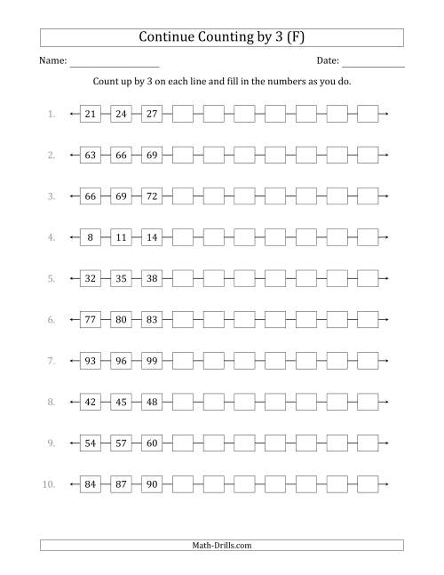 The Continue Counting Up by 3 from Various Starting Numbers (F) Math Worksheet