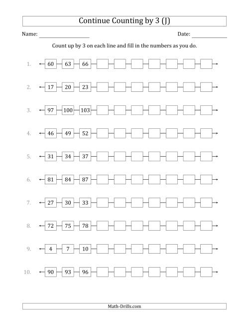 The Continue Counting Up by 3 from Various Starting Numbers (J) Math Worksheet