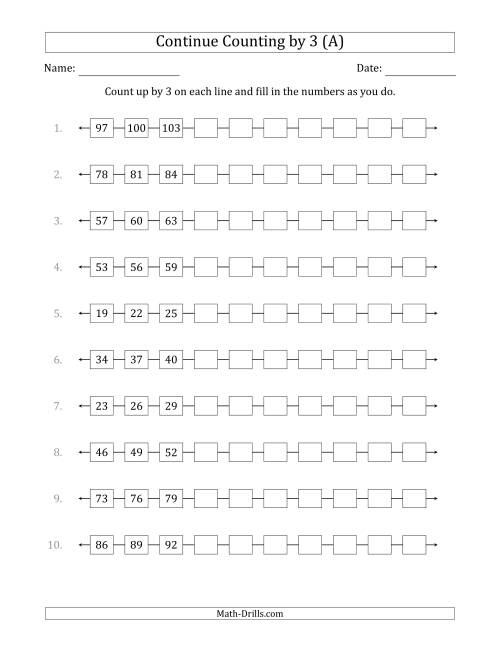 The Continue Counting Up by 3 from Various Starting Numbers (All) Math Worksheet