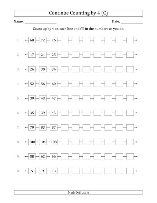 The Continue Counting Up by 4 from Various Starting Numbers (C) Math Worksheet
