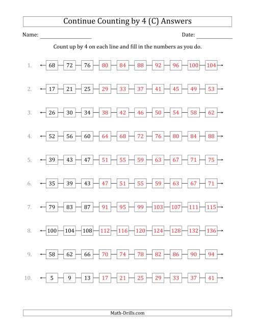 The Continue Counting Up by 4 from Various Starting Numbers (C) Math Worksheet Page 2