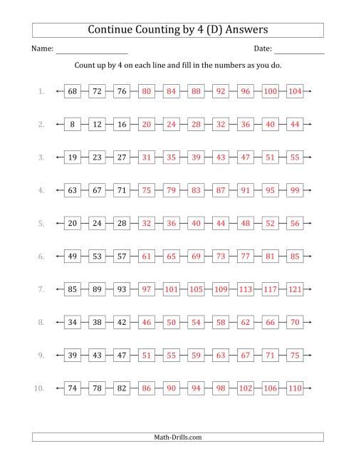 The Continue Counting Up by 4 from Various Starting Numbers (D) Math Worksheet Page 2
