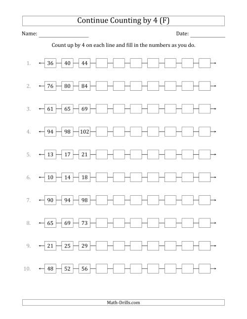 The Continue Counting Up by 4 from Various Starting Numbers (F) Math Worksheet