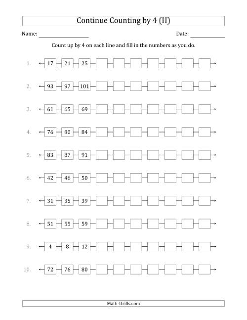 The Continue Counting Up by 4 from Various Starting Numbers (H) Math Worksheet