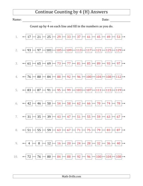 The Continue Counting Up by 4 from Various Starting Numbers (H) Math Worksheet Page 2