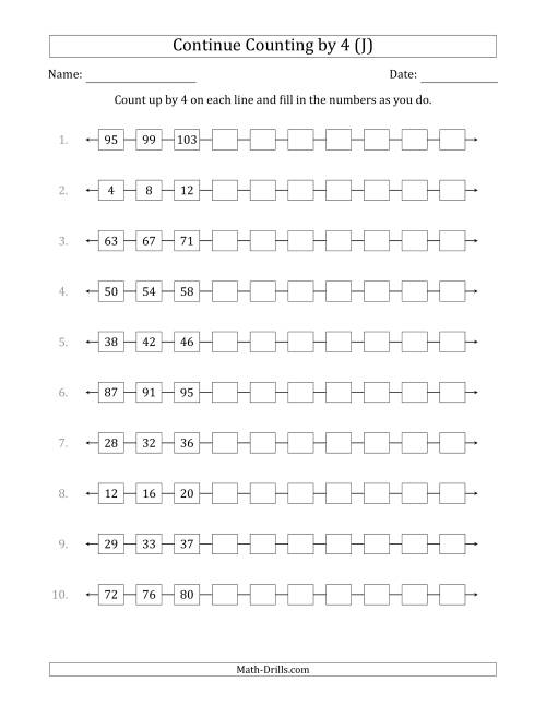 The Continue Counting Up by 4 from Various Starting Numbers (J) Math Worksheet