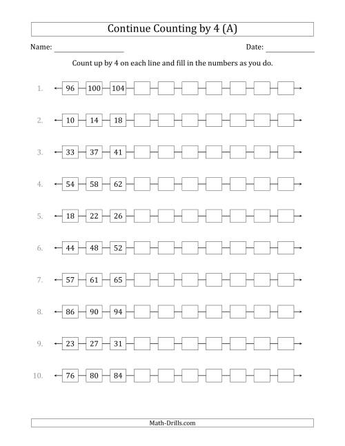 The Continue Counting Up by 4 from Various Starting Numbers (All) Math Worksheet