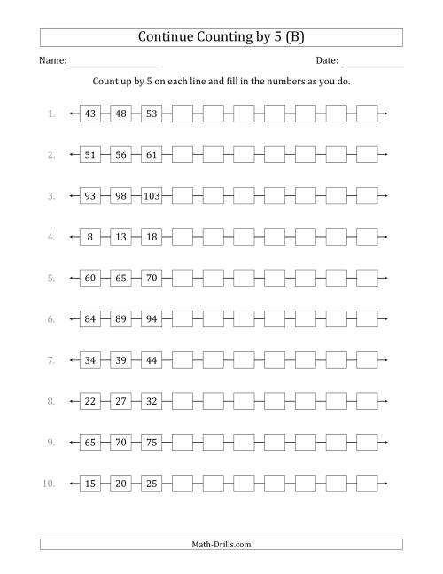 The Continue Counting Up by 5 from Various Starting Numbers (B) Math Worksheet