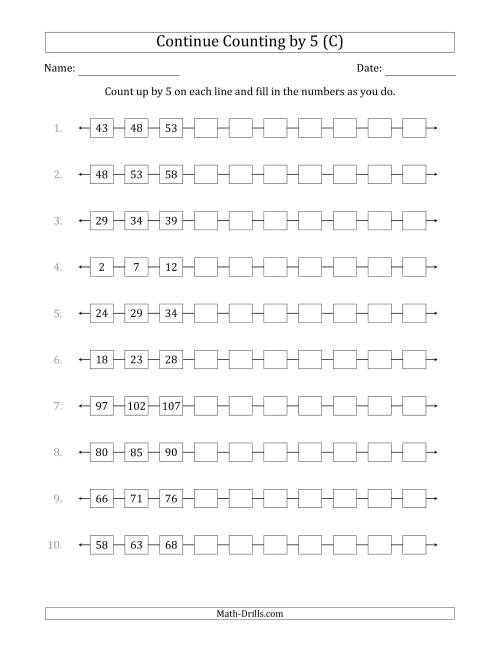 The Continue Counting Up by 5 from Various Starting Numbers (C) Math Worksheet