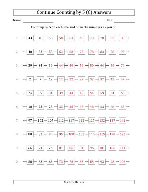 The Continue Counting Up by 5 from Various Starting Numbers (C) Math Worksheet Page 2
