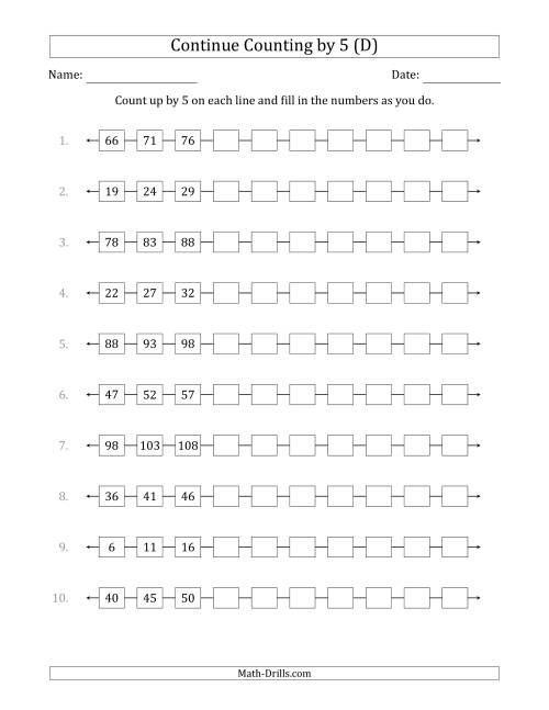 The Continue Counting Up by 5 from Various Starting Numbers (D) Math Worksheet