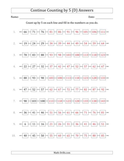 The Continue Counting Up by 5 from Various Starting Numbers (D) Math Worksheet Page 2