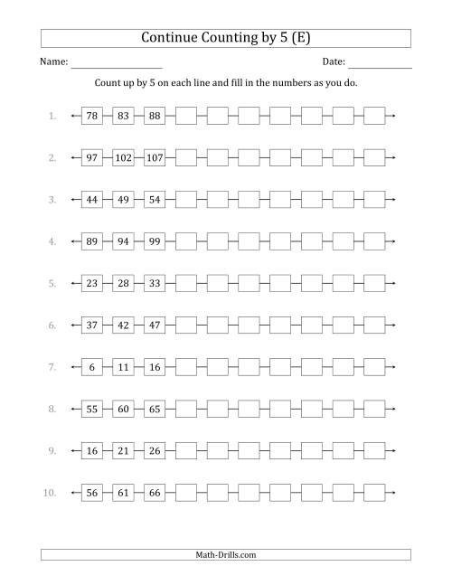 The Continue Counting Up by 5 from Various Starting Numbers (E) Math Worksheet