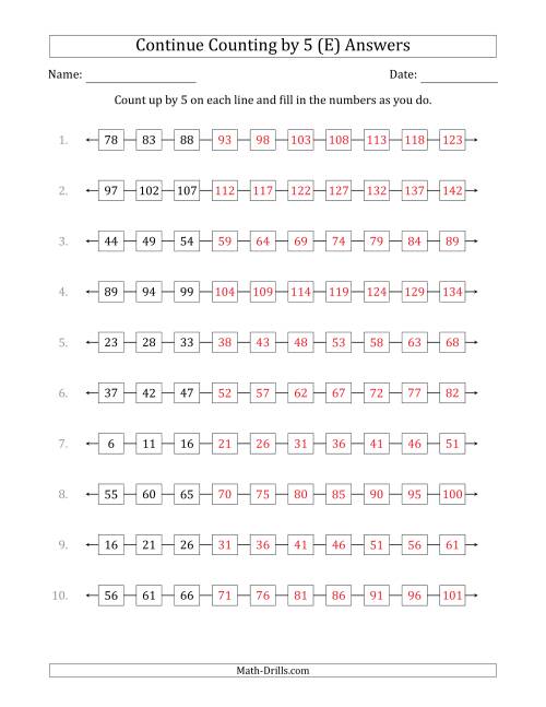 The Continue Counting Up by 5 from Various Starting Numbers (E) Math Worksheet Page 2