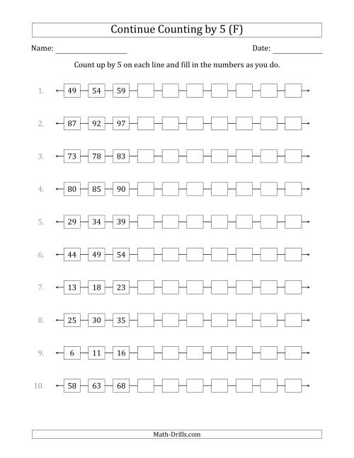 The Continue Counting Up by 5 from Various Starting Numbers (F) Math Worksheet