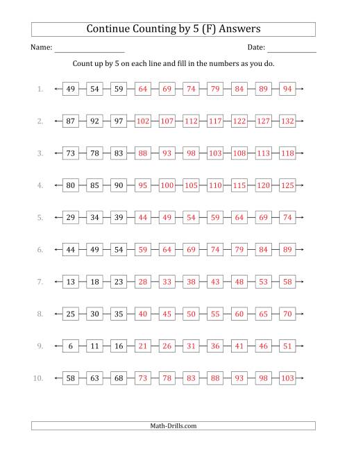 The Continue Counting Up by 5 from Various Starting Numbers (F) Math Worksheet Page 2