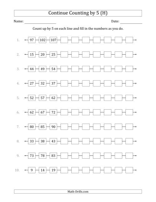 The Continue Counting Up by 5 from Various Starting Numbers (H) Math Worksheet