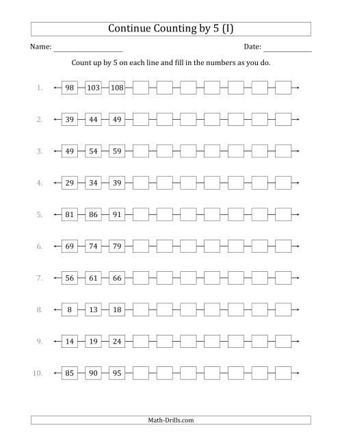 The Continue Counting Up by 5 from Various Starting Numbers (I) Math Worksheet
