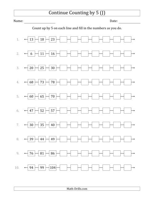 The Continue Counting Up by 5 from Various Starting Numbers (J) Math Worksheet