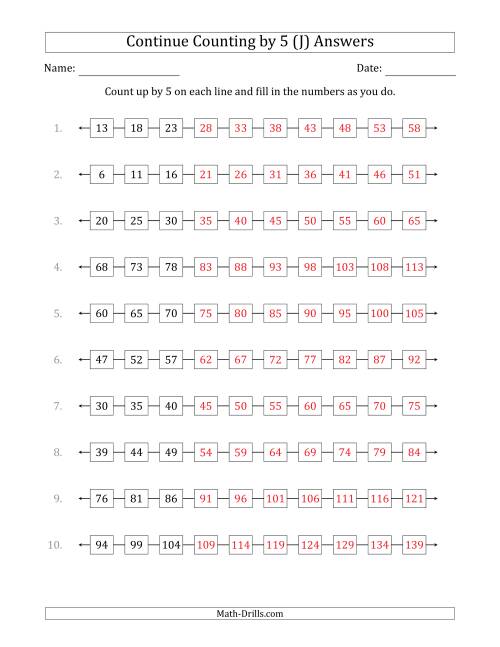 The Continue Counting Up by 5 from Various Starting Numbers (J) Math Worksheet Page 2