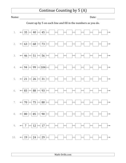 The Continue Counting Up by 5 from Various Starting Numbers (All) Math Worksheet