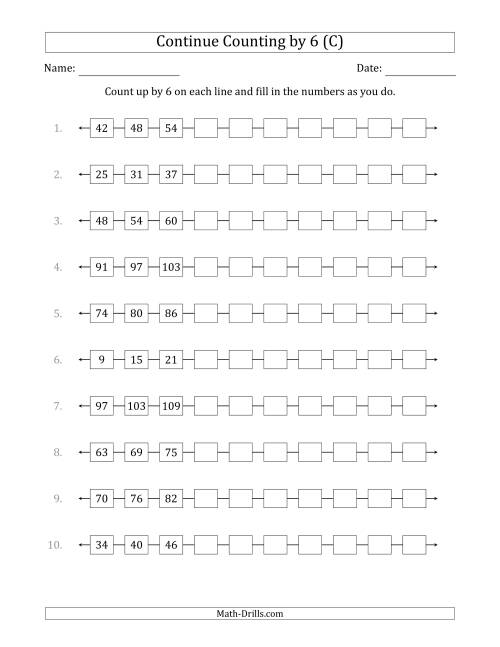 The Continue Counting Up by 6 from Various Starting Numbers (C) Math Worksheet