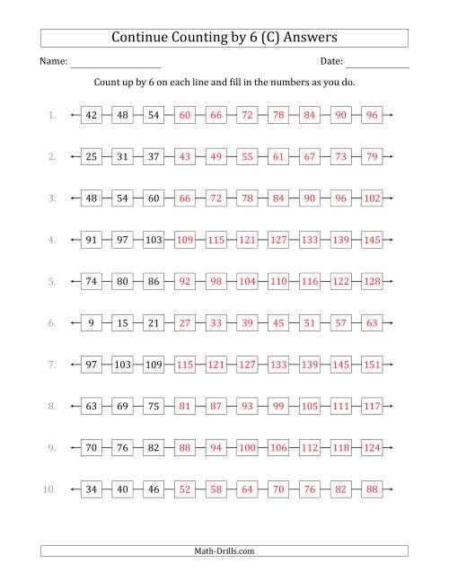 The Continue Counting Up by 6 from Various Starting Numbers (C) Math Worksheet Page 2