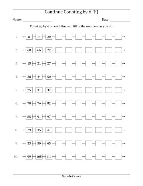 The Continue Counting Up by 6 from Various Starting Numbers (F) Math Worksheet