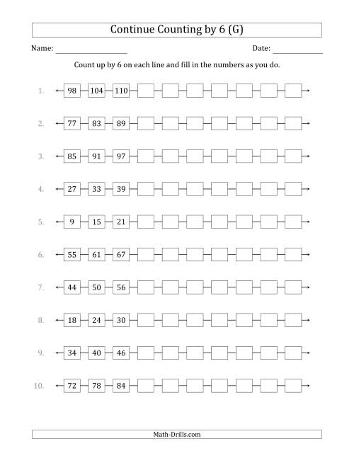 The Continue Counting Up by 6 from Various Starting Numbers (G) Math Worksheet